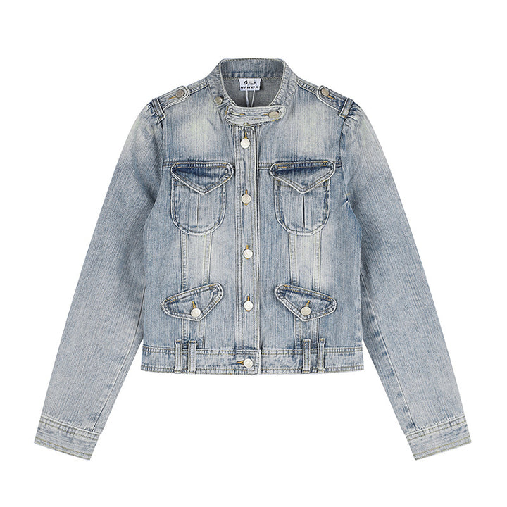 Damen Kurze Jeansjacke im Military-Stil mit Stehkragen, Schulterklappen und Pattentaschen Drune