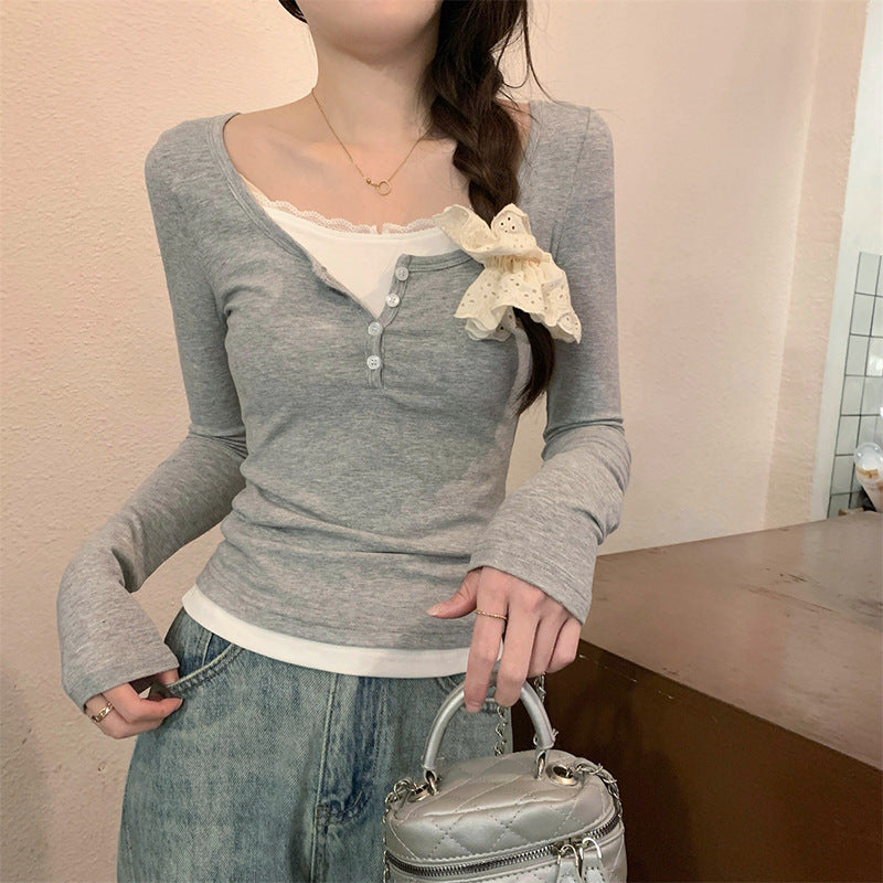Damen Langarmshirt mit modischem Knopfverschluss und Schleifendetail Drune