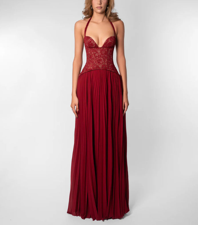 Damen nan Neckholder-Korsettkleid mit Spitzen-Corsage und fließendem Plisseerock Drune