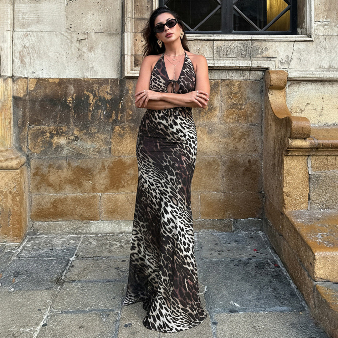 Damen Maxikleid mit tiefem V-Ausschnitt und aufregendem Leopardenmuster Drune