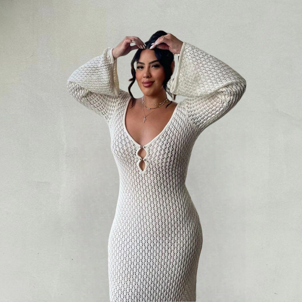 Damen Strick-Maxikleid mit tiefem V-Ausschnitt und modischen Rüschendetails Drune