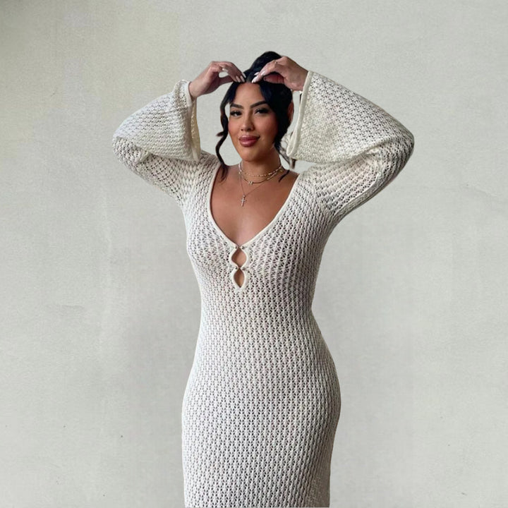 Damen Strick-Maxikleid mit tiefem V-Ausschnitt und modischen Rüschendetails Drune