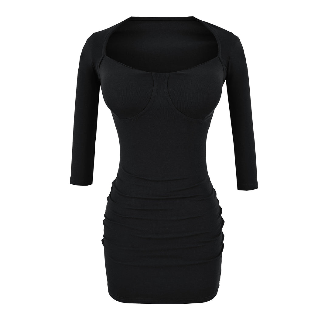 Damen Figurbetontes Midikleid mit eingenähten Cups, weitem Quadrat-Ausschnitt und Raffung Drune