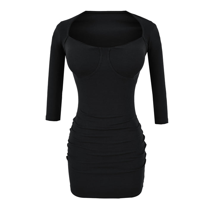 Damen Figurbetontes Midikleid mit eingenähten Cups, weitem Quadrat-Ausschnitt und Raffung Drune