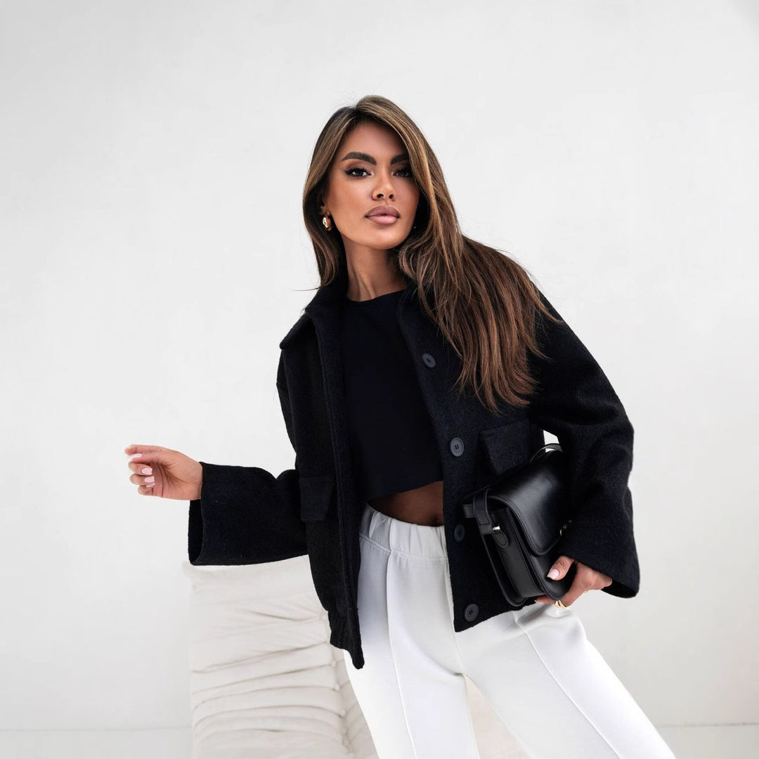 Damen Oversized Wolljacke mit Knopfdetails und elastischen Ärmeln Drune