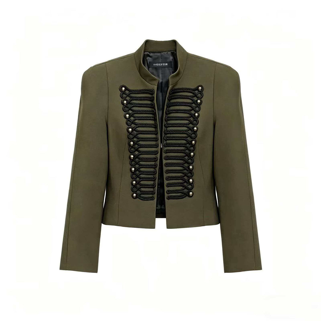 Damen Cropped Blazer im Husarenstil mit Stehkragen, Zierkordeln und Messingknöpfen Drune