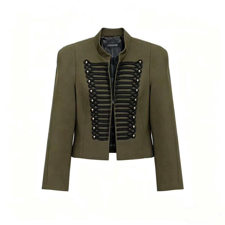 Damen Cropped Blazer im Husarenstil mit Stehkragen, Zierkordeln und Messingknöpfen Drune