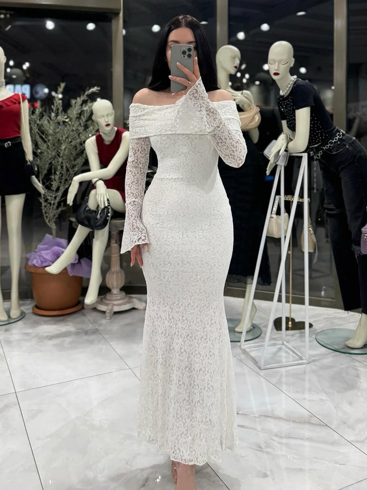 Damen Elegantes Spitzenkleid mit Off-Shoulder Design und Schößchen Drune