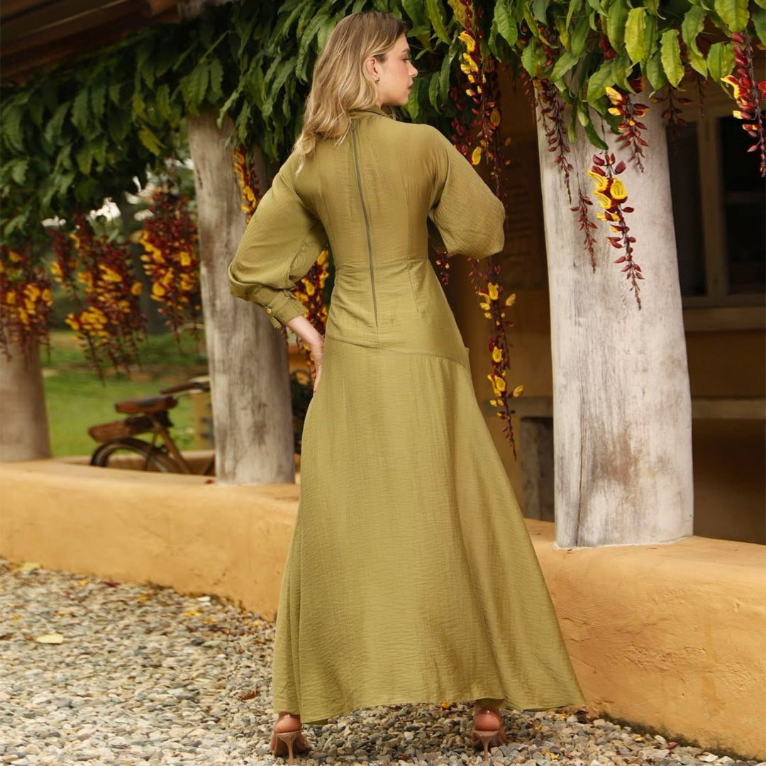 Damen Maxikleid mit gekräuseltem Wrap-Design und voluminösen Ärmeln Drune