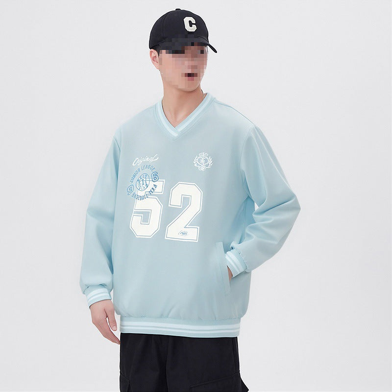 Herren Oversize V‑Ausschnitt Sportsweatshirt im College‑Look mit gestreiften Bündchen Drune