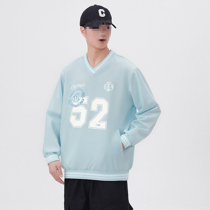 Herren Oversize V‑Ausschnitt Sportsweatshirt im College‑Look mit gestreiften Bündchen Drune