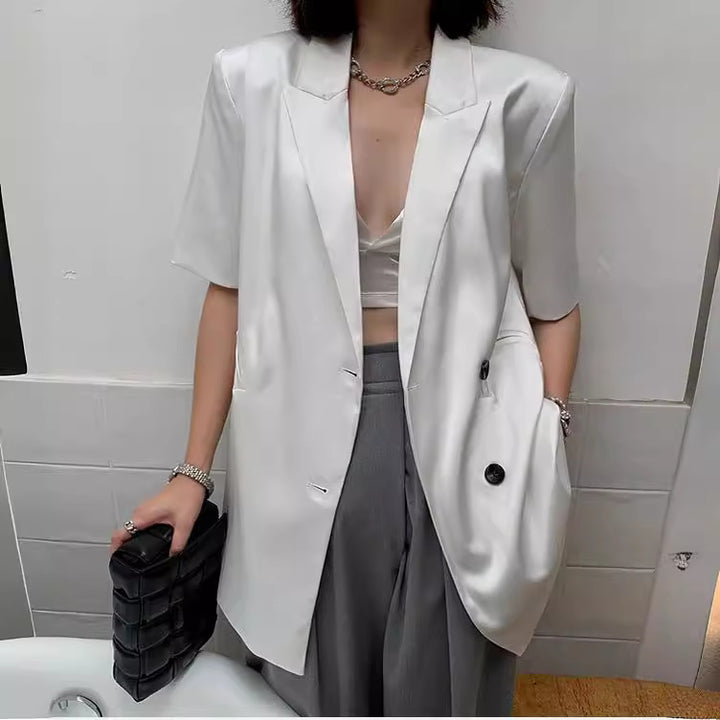Damen Eleganter Satin-Blazer mit doppelter Knopfleiste Drune