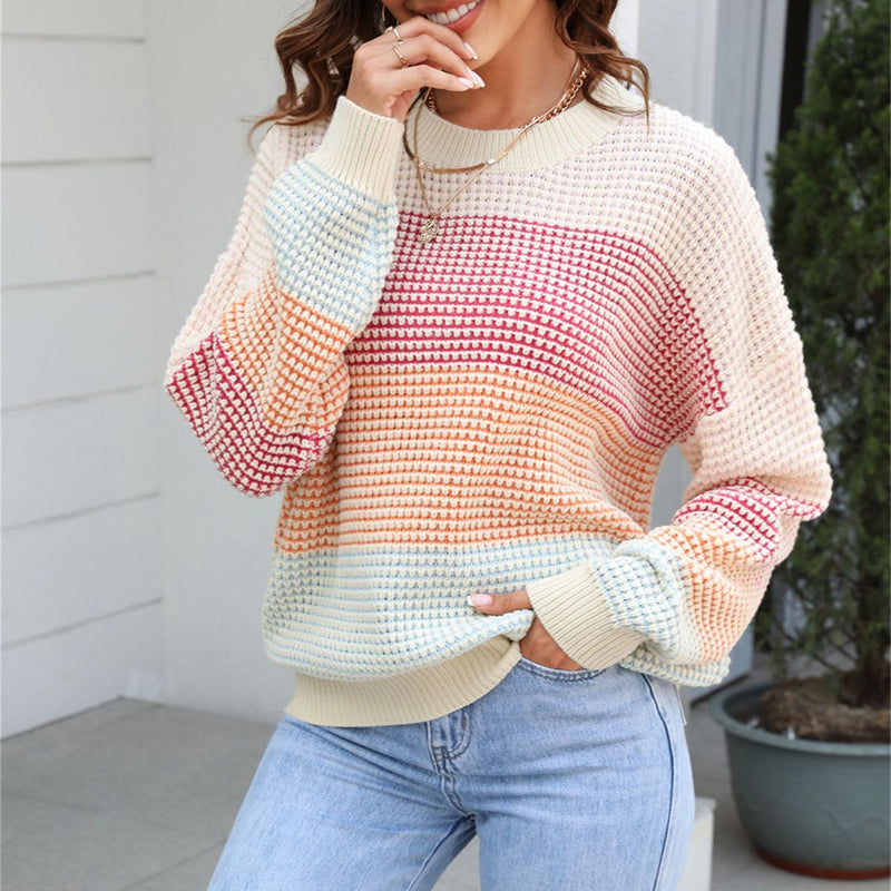 Drune | Pullover - Damen Frühling Farbstreifen Strickpullover