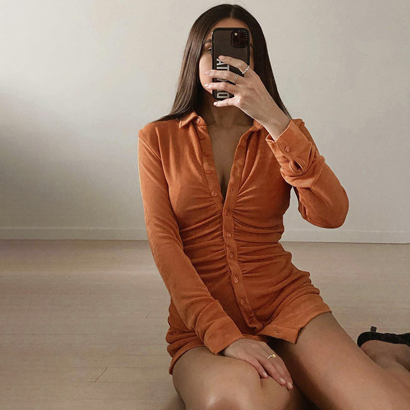 Damen Knielanges Hemdkleid mit Knopfleiste und Raffungen Drune
