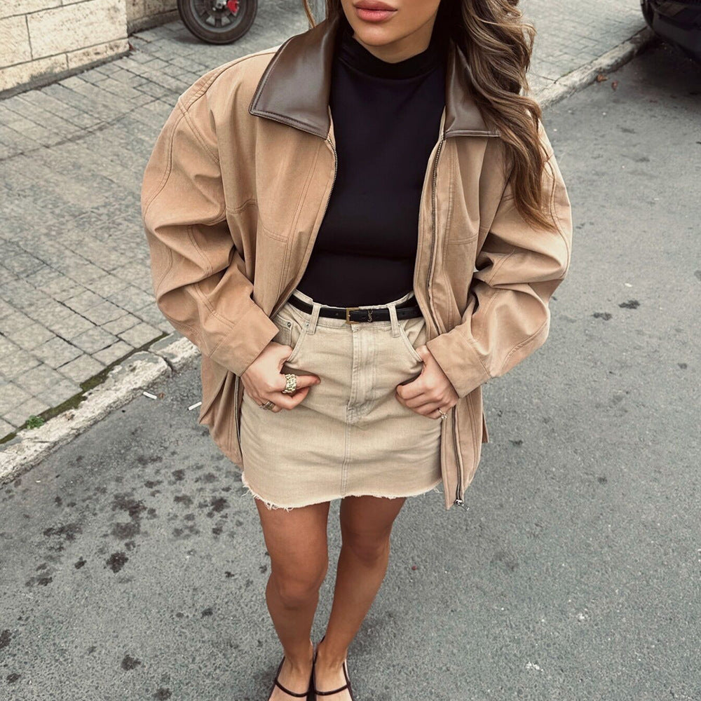 Damen Übergangsjacke mit Lederkragen und praktischen Taschen Drune