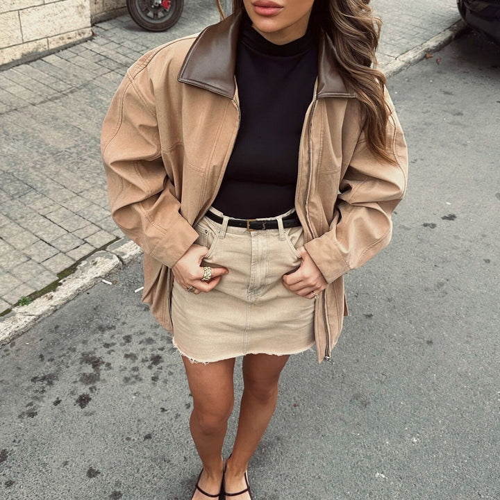 Damen Übergangsjacke mit Lederkragen und praktischen Taschen Drune