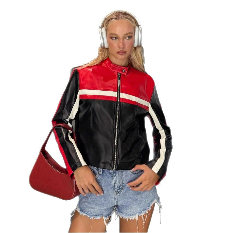 Damen sportliche Kunstlederjacke mit dekorativen Streifen Drune