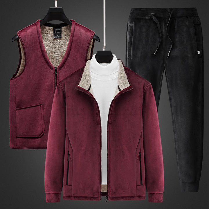 Herren wärmendes Fleece-Dreiteiliges Set mit Reißverschlussjacke, Teddyweste und Jogginghose Drune