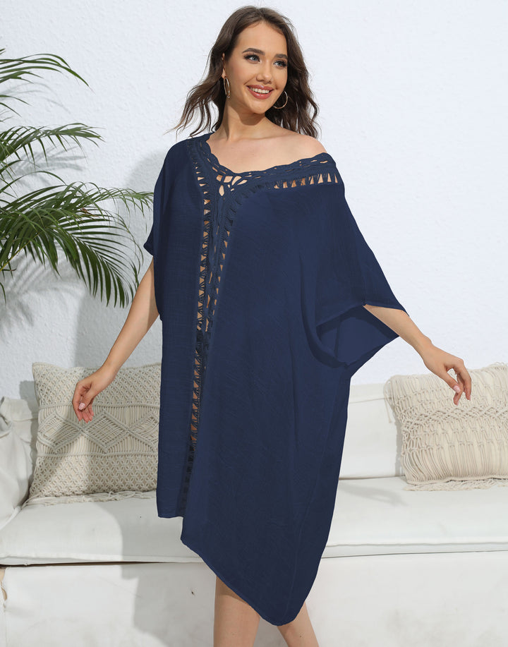 Damen luftiger Kaftan mit filigranem Häkelmuster Drune