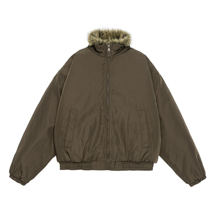Damen Oversize wattierte Bomberjacke mit elastischem Saum und Kunstfellbesatz Drune