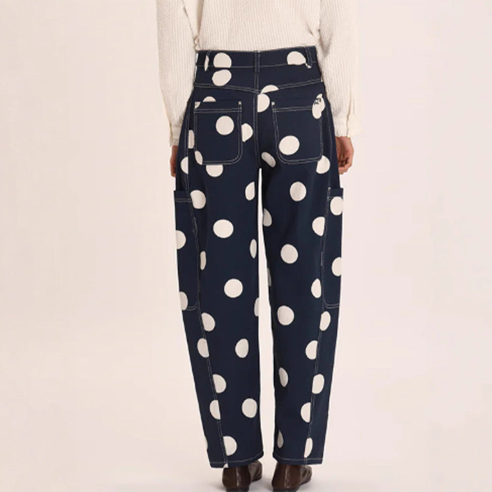 Damen weite Cargo-Hose mit hoher Taille, Punkteprint und sichtbaren Kontrastnähten Drune
