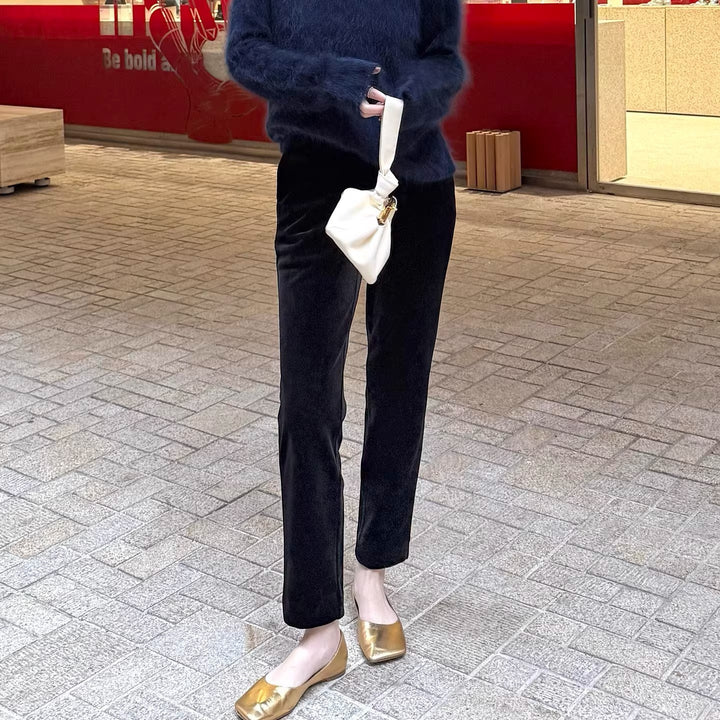 Damen Samt-Hose mit geradem Bein und hoher Taille Drune
