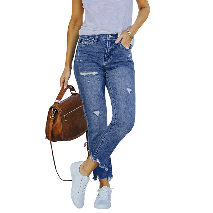 Damen High-Waist Jeans mit geradem Bein, Destroyed-Optik und rohem Saum Drune