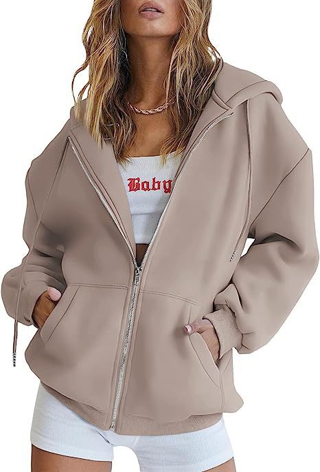 Damen nan oversized Kapuzenjacke mit durchgehendem Reißverschluss Kängurutaschen und weichem Sweatmaterial Drune