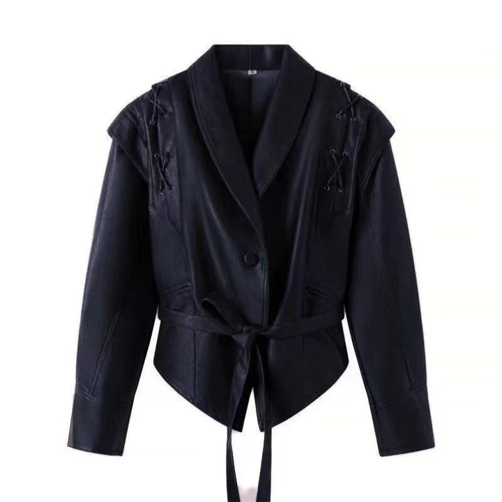 Damen nan taillierter Kunstleder-Blazer mit Schalkragen, Schnürdetails an der Schulter und Bindegürtel Drune