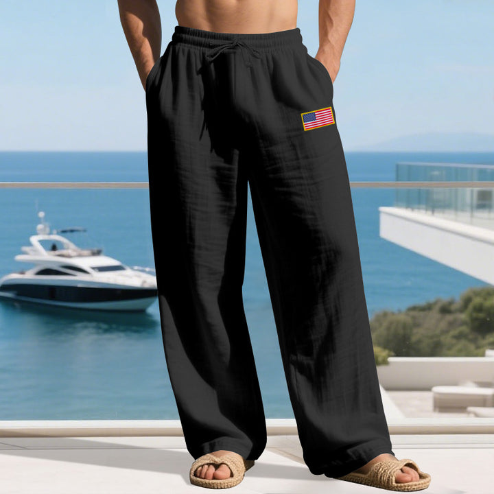 Herren Maritime Relaxed‑Fit Leinenoptik-Freizeithose mit Tunnelzug & Flaggen-Patch Drune