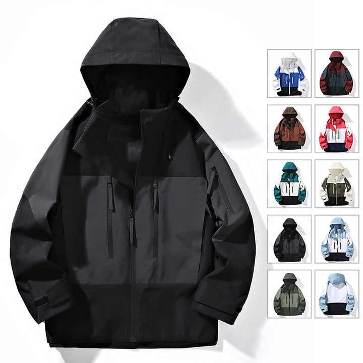 Herren Wasserabweisende Colorblock-Outdoorjacke mit Kapuze, Mehrfach-Reißverschlusstaschen und verstellbaren Bündchen Drune