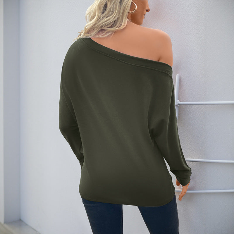 Damen Oversized schulterfreies Langarmshirt mit Fledermausärmeln und Knopfmanschetten Drune
