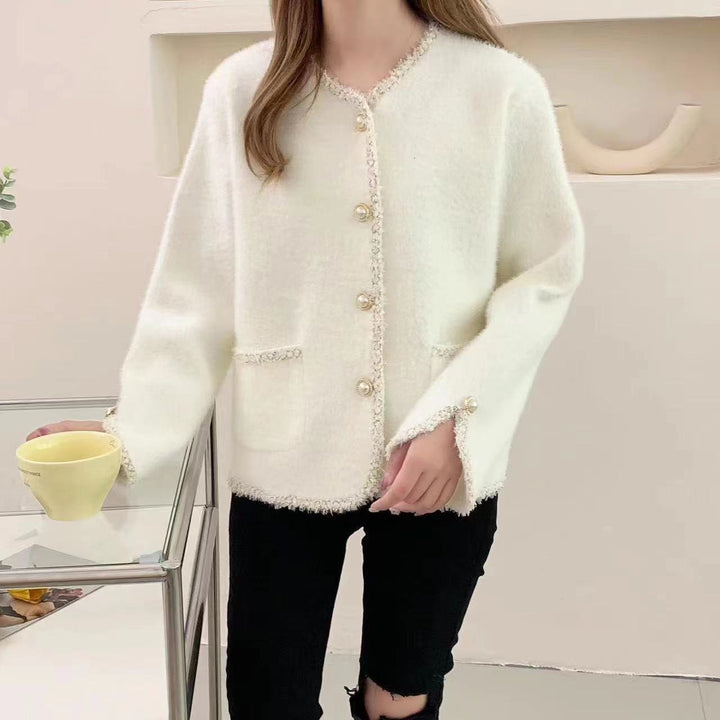 Damen Bouclé-Jacke mit eleganten Perlenknöpfen Drune