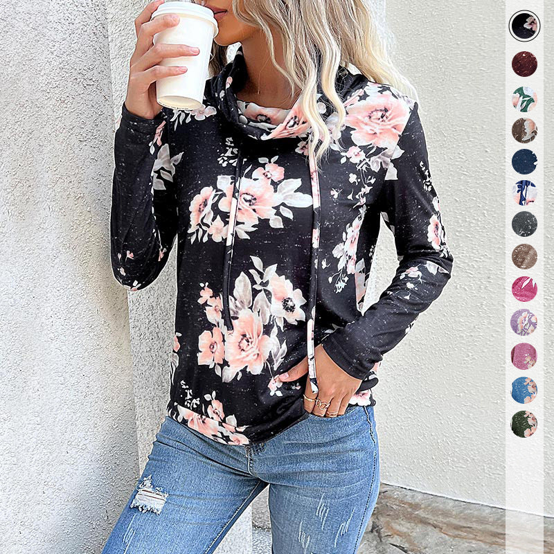 Damen Floraler Leichter Kapuzenpullover mit Wasserfallkragen und Tunnelzug Drune