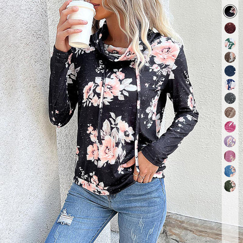 Damen Floraler Leichter Kapuzenpullover mit Wasserfallkragen und Tunnelzug Drune