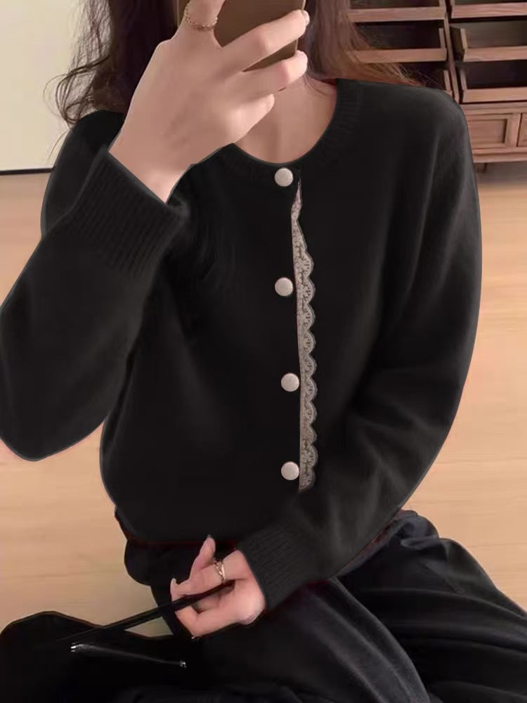 Damen elegante Strickjacke mit Spitzenverzierung und Knopfdetails Drune