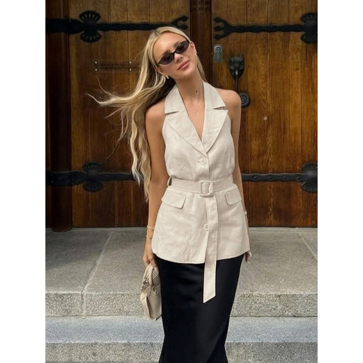 Damen ärmellose Blazer mit Bindegürtel und hoher Taillierung Drune