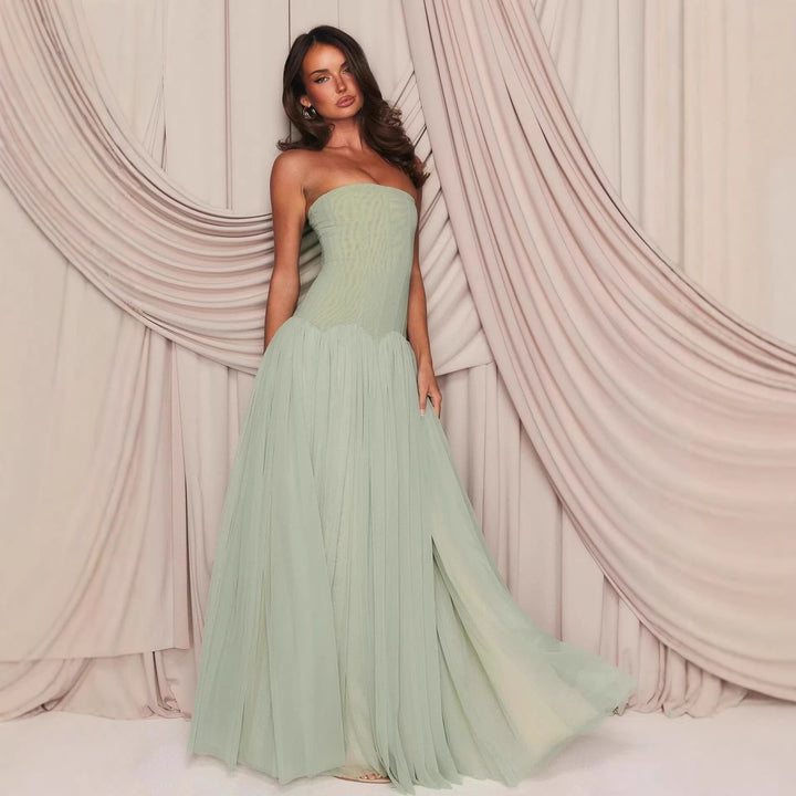 Damen Strapless Maxikleid mit elegantem Tüllrock und figurbetontem Oberteil Drune