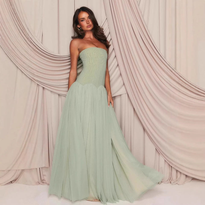 Damen Strapless Maxikleid mit elegantem Tüllrock und figurbetontem Oberteil Drune