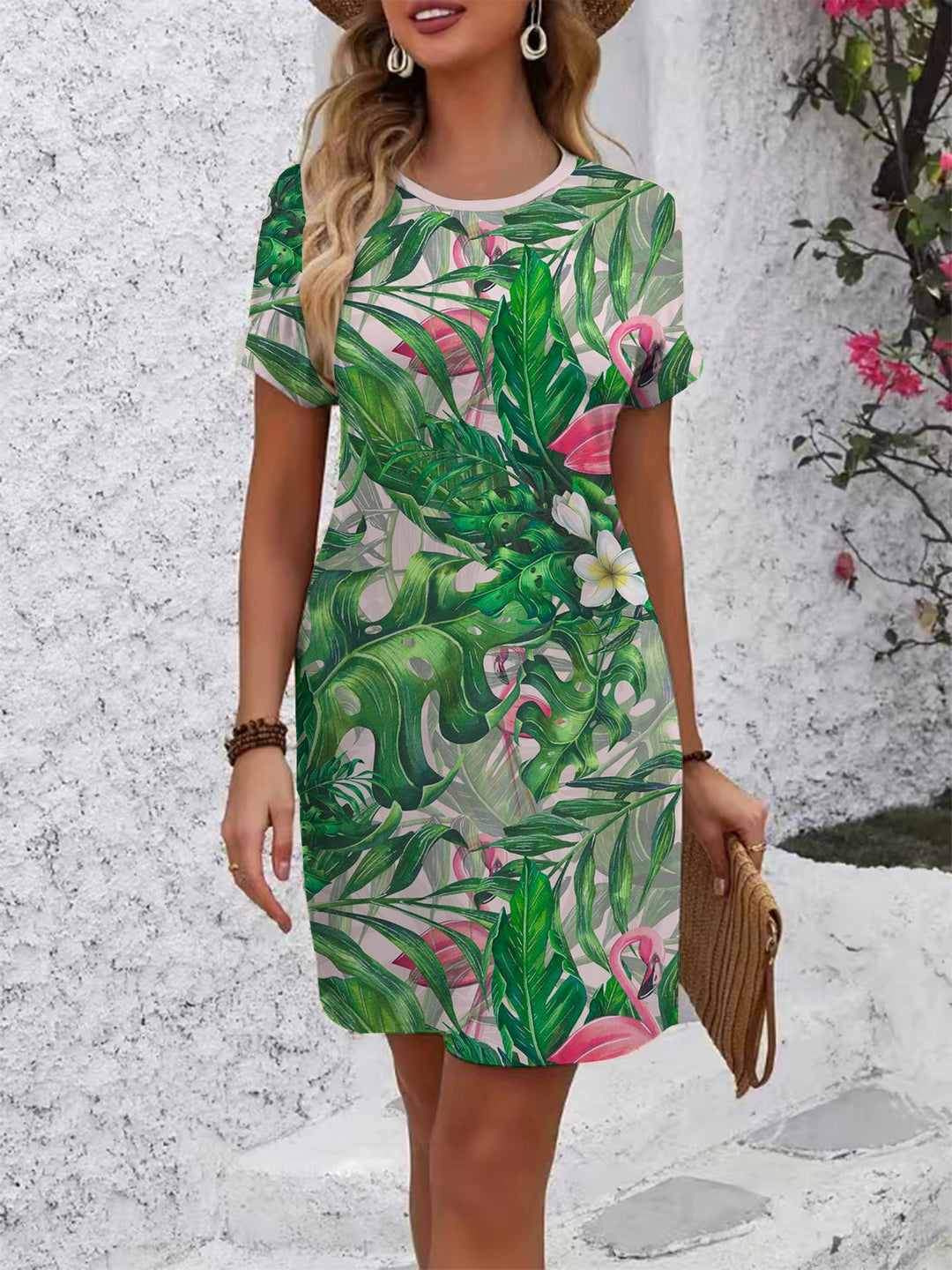 Damen Kurzarm Kleid mit floralem Linienmuster Drune