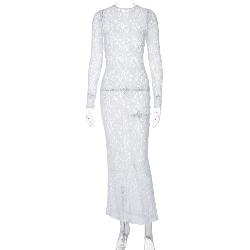 Damen Spitzenabendkleid mit elegantem Rückenausschnitt und langem Arm Drune