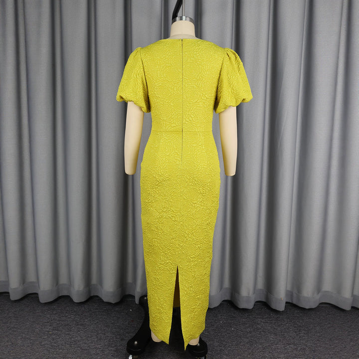 Damen figurumschmeichelndes Maxikleid mit Puffärmeln und Schleifen-Detail Drune