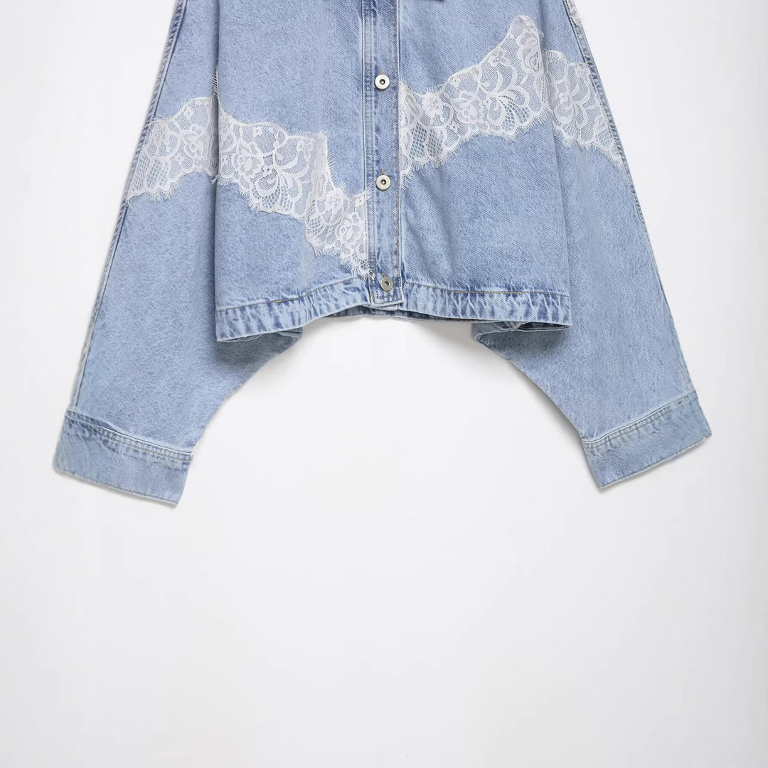 Damen Kurz geschnittene Oversize-Jeansjacke mit Spitzendetail und Fledermausärmeln Drune