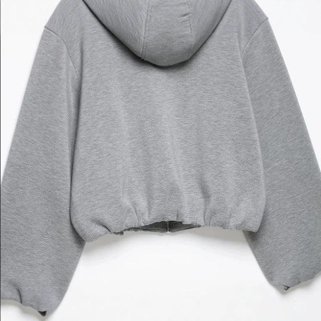 Damen Cropped Kapuzen‑Sweatjacke im Bomberstil mit Ballonärmeln Drune