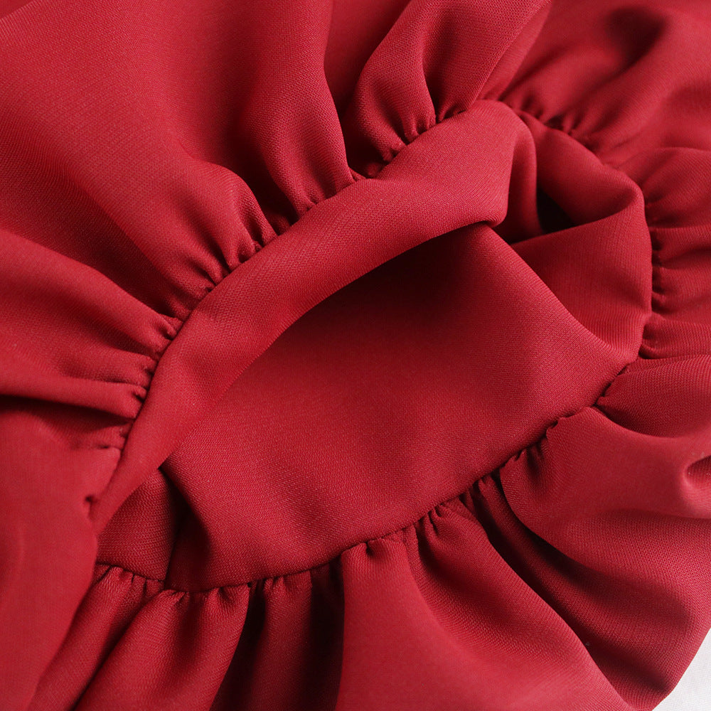 Damen elegantes Faltenkleid mit V-Ausschnitt und voluminösen Ärmeln Drune
