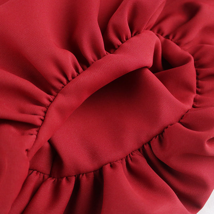 Damen elegantes Faltenkleid mit V-Ausschnitt und voluminösen Ärmeln Drune