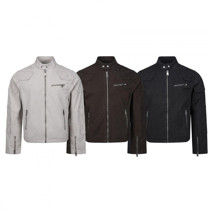 Herren Kurz geschnittene Biker‑inspirierte Baumwolljacke mit Stehkragen, Quilt‑Einsätzen und Reißverschlusstaschen Drune