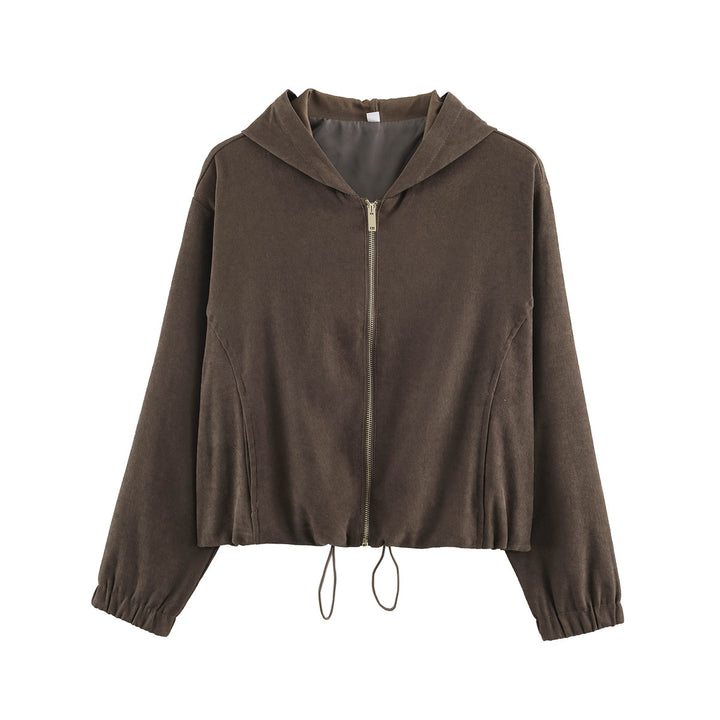 Damen Kurzjacke aus Velours‑Optik mit Kapuze, durchgehendem Reißverschluss und Tunnelzugsaum Drune