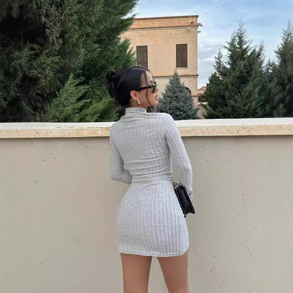 Damen Enganliegendes Rippstrick-Minikleid mit Rollkragen und langen Ärmeln Drune