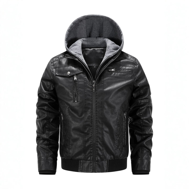 Herren Kunstleder-Bikerjacke mit abnehmbarer Kapuzenblende und gesteppter Seitenpartie Drune